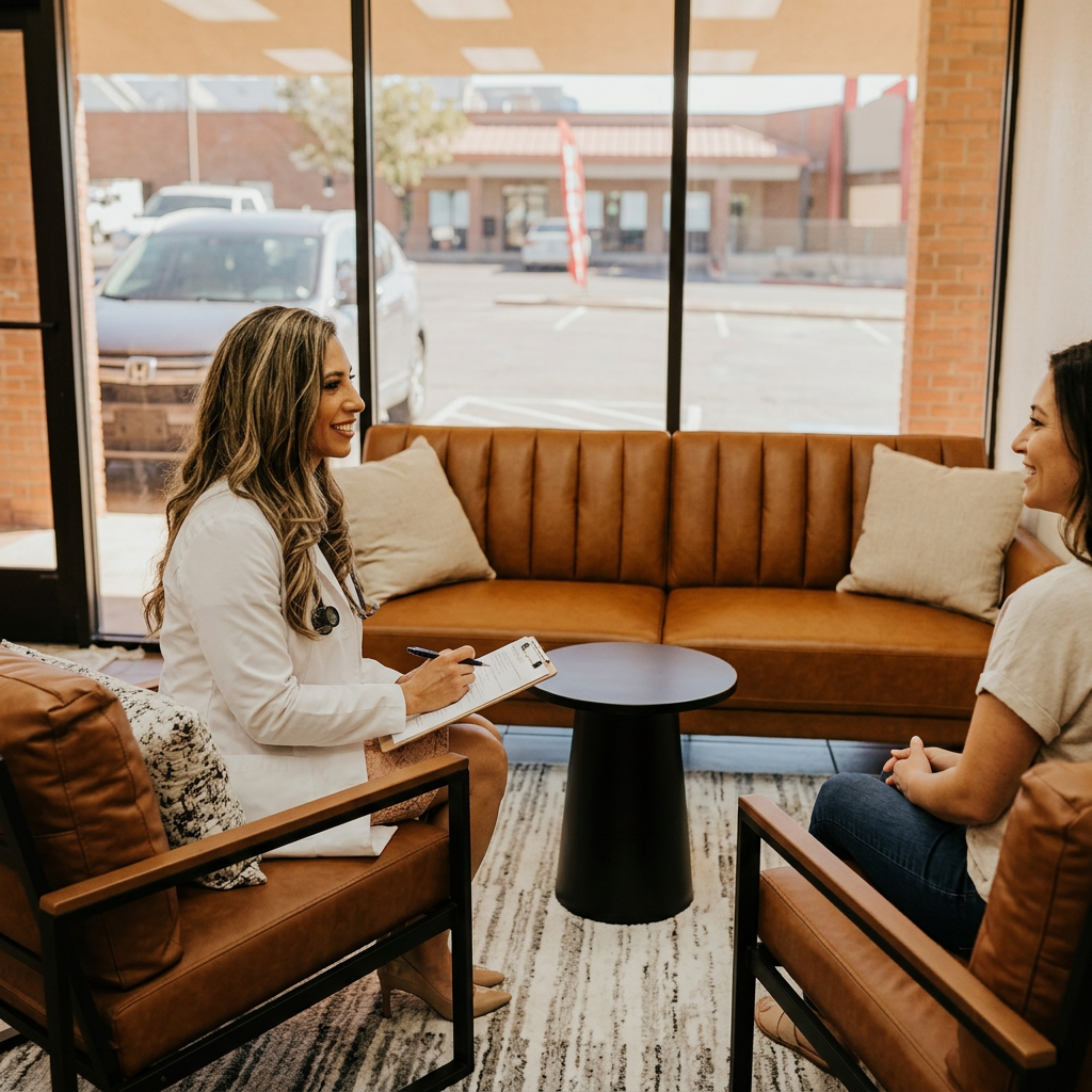 Celeste Cisneros, FNP-BC consulting with a patient at Solas Health in El Paso, TX